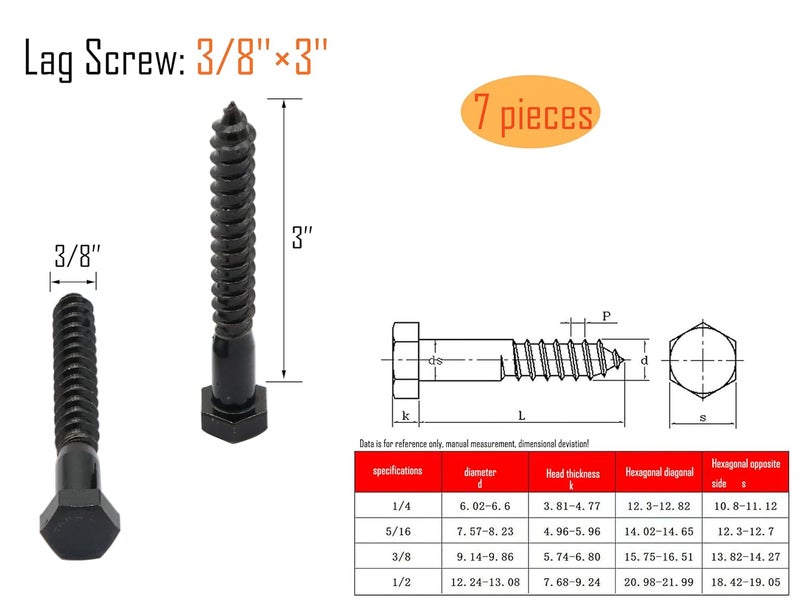 LBY 7pcs Lag Screws, 3/8" x 3" Hex Head Lag Screws Bolts (with Washers), Heavy-Duty Wood Screws for Decking & Structural Fastening, 304 Stainless Steel, (Black) - Image 3